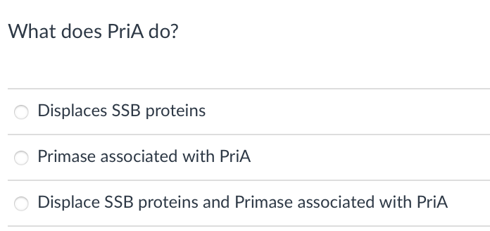What does PriA do?
Displaces SSB proteins
Primase associated with PriA
Displace SSB proteins and Primase associated with PriA
