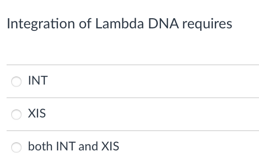 Integration of Lambda DNA requires
INT
XIS
both INT and XIS
