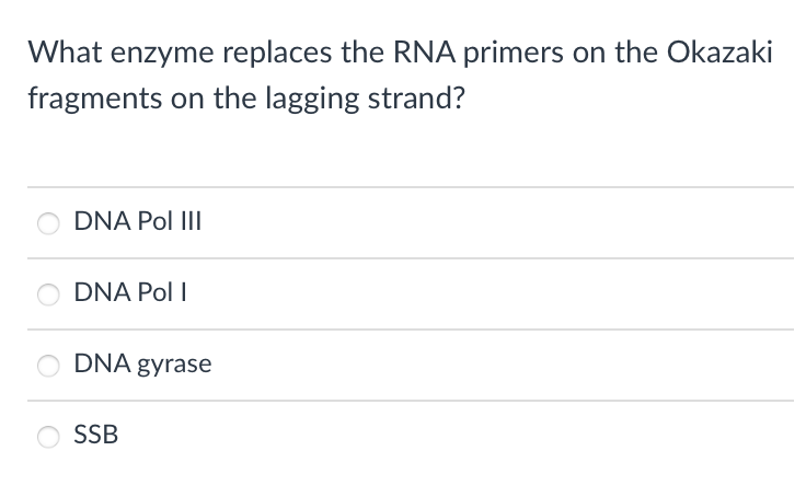 What enzyme replaces the RNA primers on the Okazaki
fragments on the lagging strand?
DNA Pol III
DNA Pol I
DNA gyrase
SB
