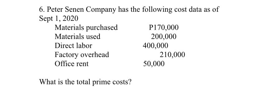 6. Peter Senen Company has the following cost data as of
Sept 1, 2020
Materials purchased
P170,000
200,000
400,000
210,000
50,000
Materials used
Direct labor
Factory overhead
Office rent
What is the total prime costs?
