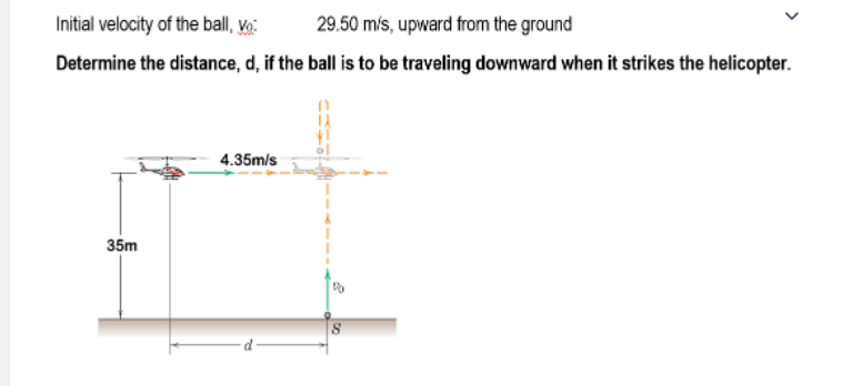Initial velocity of the ball, vo
29.50 m/s, upward from the ground
Determine the distance, d, if the ball is to be traveling downward when it strikes the helicopter.
4.35m/s
35m
8