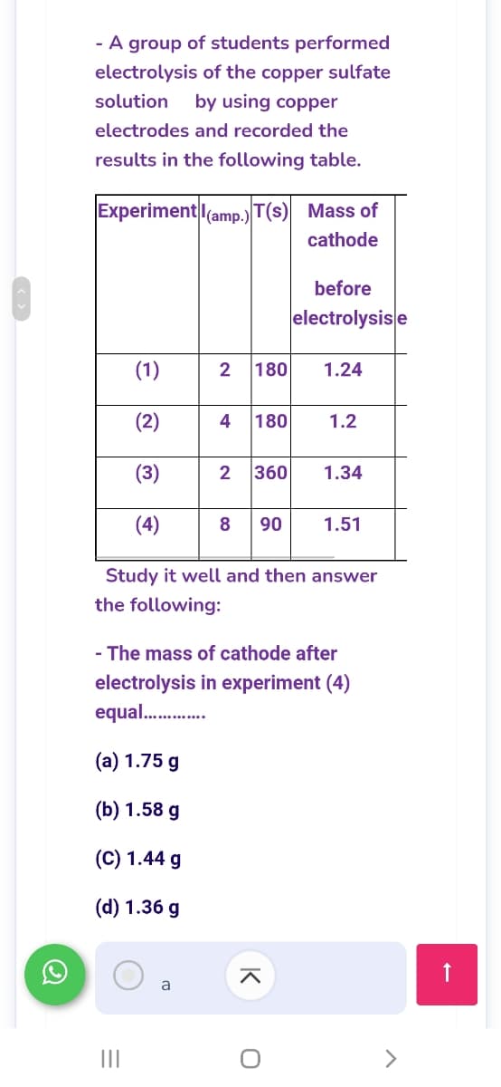 - A group of students performed
electrolysis of the copper sulfate
solution
by using copper
electrodes and recorded the
results in the following table.
Experiment (amp.) T(s) Mass of
cathode
before
electrolysise
(1)
180
1.24
(2)
4 180
1.2
(3)
2
360
1.34
(4)
8
90
1.51
Study it well and then answer
the following:
- The mass of cathode after
electrolysis in experiment (4)
equal.
.......
(a) 1.75 g
(b) 1.58 g
(C) 1.44 g
(d) 1.36 g
a
II
2.
