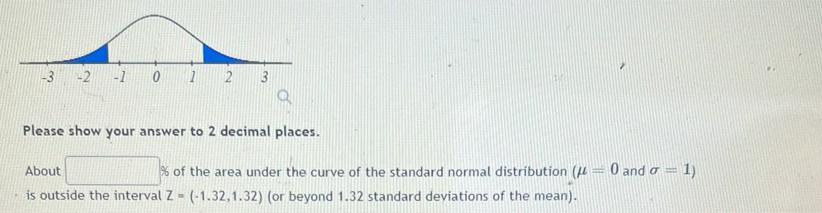 -3
-1
2
Please show your answer to 2 decimal places.
About
% of the area under the curve of the standard normal distribution (u =
O and o = 1)
is outside the interval Z = (-1.32,1.32) (or beyond 1.32 standard deviations of the mean).
