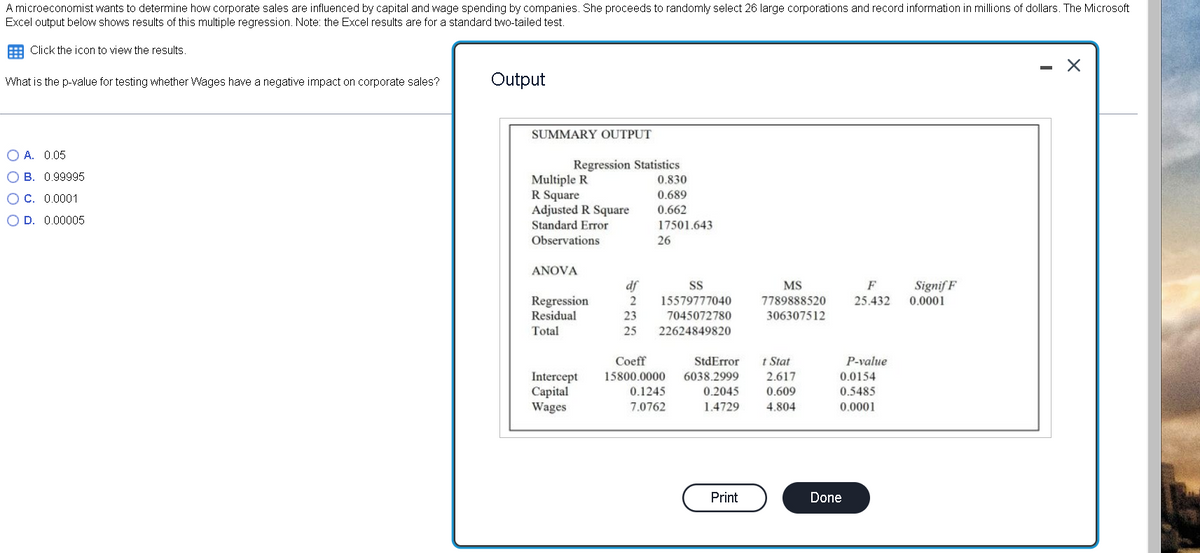 A microeconomist wants to determine how corporate sales are influenced by capital and wage spending by companies. She proceeds to randomly select 26 large corporations and record information in millions of dollars. The Microsoft
Excel output below shows results of this multiple regression. Note: the Excel results are for a standard two-tailed test.
Click the icon to view the results.
What is the p-value for testing whether Wages have a negative impact on corporate sales?
Output
SUMMARY OUTPUT
O A. 0.05
Regression Statistics
O B. 0.99995
Multiple R
R Square
Adjusted R Square
0.830
O C. 0.0001
0.689
0.662
O D. 0.00005
Standard Error
17501.643
Observations
26
ANOVA
Sp
15579777040
Signif F
0.0001
MS
F
Regression
7789888520
25.432
Residual
23
7045072780
306307512
Total
25
22624849820
Coeff
StdError
t Stat
P-value
Intercept
Capital
Wages
15800.0000 6038.2999
2.617
0.0154
0.1245
0.2045
0.609
0.5485
7.0762
1.4729
4.804
0.0001
Print
Done
