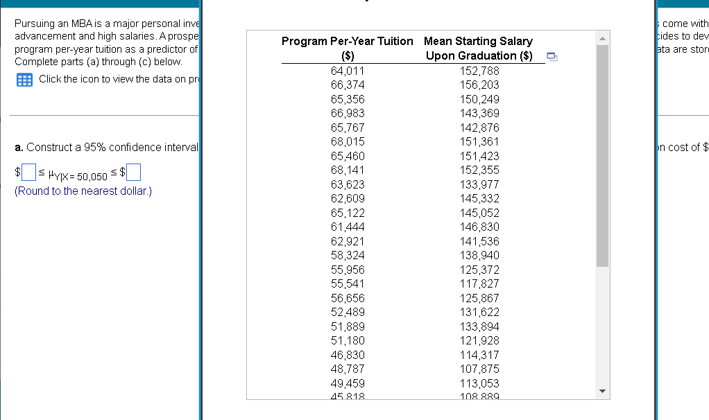 come with
cides to dev
Pursuing an MBA is a major personal inve
advancement and high salaries. A prospe
program per-year tuition as a predictor of
Complete parts (a) through (c) below.
Program Per-Year Tuition Mean Starting Salary
Upon Graduation ($)
ata are stor
($)
64,011
152,788
156,203
150,249
143,369
142,876
151,361
151,423
152,355
133,977
145,332
145,052
146,830
141,536
138,940
: Click the icon to view the data on pr
66,374
65,356
66,983
65,767
68,015
65,460
68,141
63,623
62,609
65,122
61,444
a. Construct a 95% confidence interval
on cost of $
HYx= 50,050
(Round to the nearest dollar.)
62,921
58,324
55,956
55,541
56,656
52,489
125,372
117,827
125,867
131,622
133,894
121,928
51,889
51,180
46,830
48,787
49,459
45818
114,317
107,875
113,053
108 889
