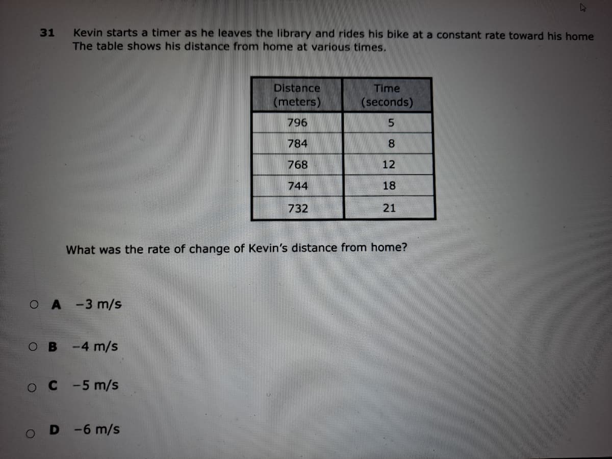 Kevin starts a timer as he leaves the library and rides his bike at a constant rate toward his home
The table shows his distance from home at various times.
31
Distance
Time
(meters)
(seconds)
796
784
768
12
744
18
732
21
What was the rate of change of Kevin's distance from home?
A -3 m/s
ов
-4 m/s
C-5 m/s
-6 m/s
