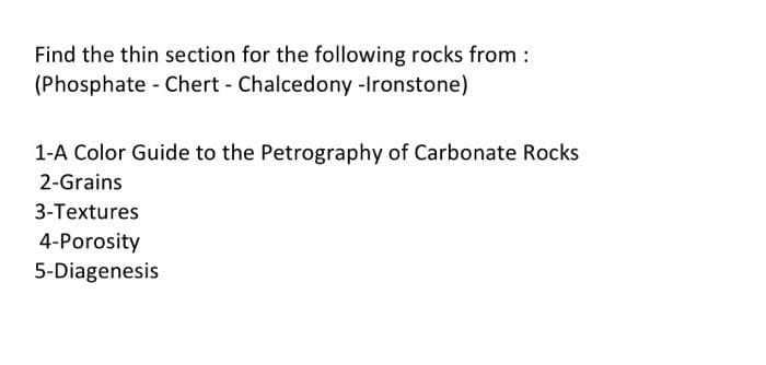 Find the thin section for the following rocks from :
(Phosphate - Chert - Chalcedony -Ironstone)
1-A Color Guide to the Petrography of Carbonate Rocks
2-Grains
3-Textures
4-Porosity
5-Diagenesis