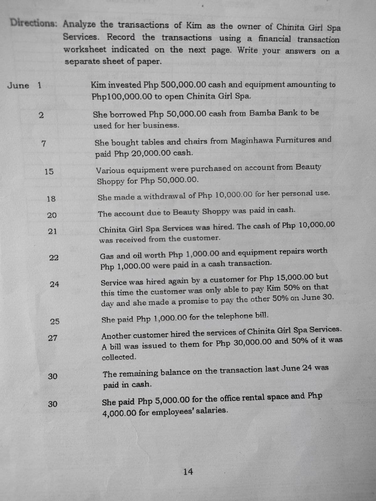 Directions: Analyze the transactions of Kim as the owner of Chinita Girl Spa
Services. Record the transactions using a financial transaction
worksheet indicated on the next page. Write your answers on a
separate sheet of paper.
June 1
Kim invested Php 500,000.00 cash and equipment amounting to
Php100,000.00 to open Chinita Girl Spa.
She borrowed Php 50,000.00 cash from Bamba Bank to be
used for her business.
She bought tables and chairs from Maginhawa Furnitures and
paid Php 20,000.00 cash.
Various equipment were purchased on account from Beauty
Shoppy for Php 50,000.00.
15
18
She made a withdrawal of Php 10,000.00 for her personal use.
20
The account due to Beauty Shoppy was paid in cash.
21
Chinita Girl Spa Services was hired. The cash of Php 10,000.00
was received from the customer.
Gas and oil worth Php 1,000.00 and equipment repairs worth
Php 1,000.00 were paid in a cash transaction.
22
Service was hired again by a customer for Php 15,000.00 but
this time the customer was only able to pay Kim 50% on that
day and she made a promise to pay the other 50% on June 30.
24
25
She paid Php 1,000.00 for the telephone bill.
27
Another customer hired the services of Chinita Girl Spa Services.
A bill was issued to them for Php 30,000.00 and 50% of it was
collected.
30
The remaining balance on the transaction last June 24 was
paid in cash.
30
She paid Php 5,000.00 for the office rental space and Php
4,000.00 for employees' salaries.
14
2.
