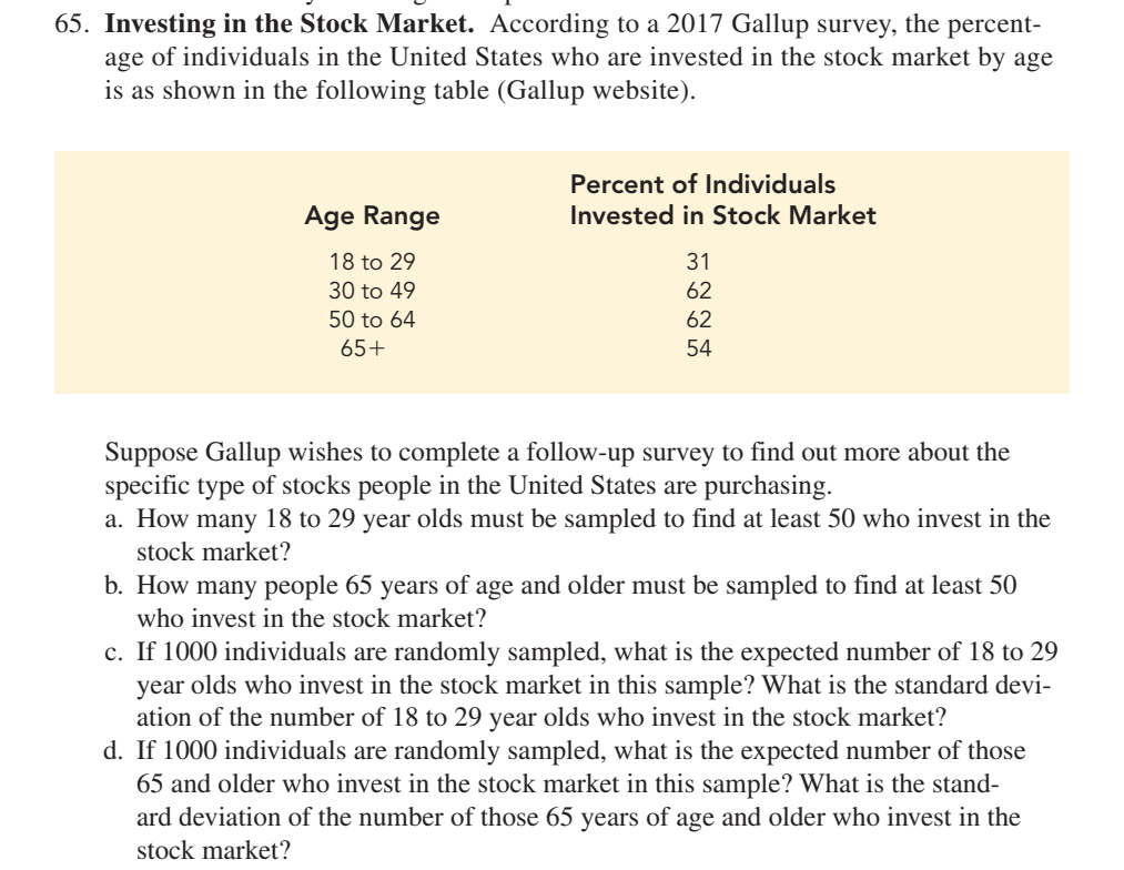 65. Investing in the Stock Market. According to a 2017 Gallup survey, the percent-
age of individuals in the United States who are invested in the stock market by age
is as shown in the following table (Gallup website).
Percent of Individuals
Age Range
Invested in Stock Market
18 to 29
31
30 to 49
62
50 to 64
62
65+
54
Suppose Gallup wishes to complete a follow-up survey to find out more about the
specific type of stocks people in the United States are purchasing.
a. How many 18 to 29 year olds must be sampled to find at least 50 who invest in the
stock market?
b. How many people 65 years of age and older must be sampled to find at least 50
who invest in the stock market?
c. If 1000 individuals are randomly sampled, what is the expected number of 18 to 29
year olds who invest in the stock market in this sample? What is the standard devi-
ation of the number of 18 to 29 year olds who invest in the stock market?
d. If 1000 individuals are randomly sampled, what is the expected number of those
65 and older who invest in the stock market in this sample? What is the stand-
ard deviation of the number of those 65 years of age and older who invest in the
stock market?
