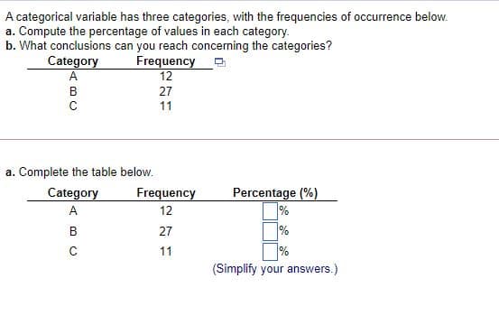 A categorical variable has three categories, with the frequencies of occurrence below.
a. Compute the percentage of values in each category.
b. What conclusions can you reach concerning the categories?
Frequency
12
Category
27
11
a. Complete the table below.
Percentage (%)
%
Category
Frequency
A
12
B
27
11
%
(Simplify your answers.)
ABC
