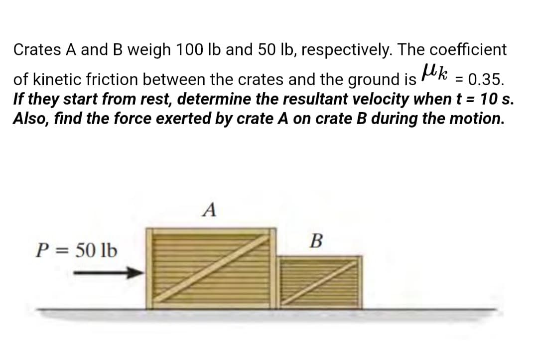 Crates A and B weigh 100 lb and 50 lb, respectively. The coefficient
= 0.35.
of kinetic friction between the crates and the ground is
If they start from rest, determine the resultant velocity when t = 10 s.
Also, find the force exerted by crate A on crate B during the motion.
A
В
P = 50 lb
