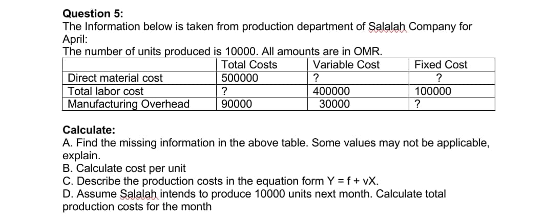 Question 5:
The Information below is taken from production department of Salalah Company for
April:
The number of units produced is 10000. All amounts are in OMR.
Total Costs
500000
Variable Cost
Fixed Cost
Direct material cost
?
400000
30000
Total labor cost
?
100000
Manufacturing Overhead
90000
Calculate:
A. Find the missing information in the above table. Some values may not be applicable,
explain.
B. Calculate cost per unit
C. Describe the production costs in the equation form Y = f+ vX.
D. Assume Salalah intends to produce 10000 units next month. Calculate total
production costs for the month
