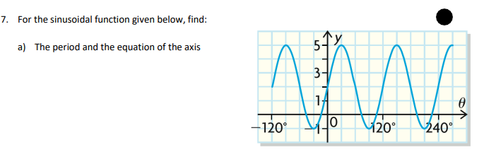 7. For the sinusoidal function given below, find:
a) The period and the equation of the axis
-120°
3-
MA
14
Ө
20° 240°
LO