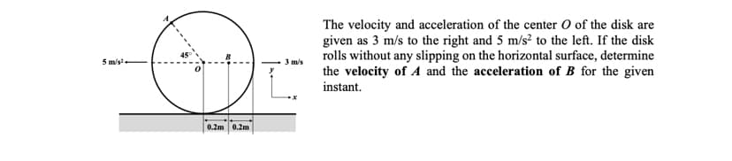 The velocity and acceleration of the center O of the disk are
given as 3 m/s to the right and 5 m/s² to the left. If the disk
rolls without any slipping on the horizontal surface, determine
the velocity of A and the acceleration of B for the given
instant.
5 m/s
3 m/s
0.2m 0.2m
