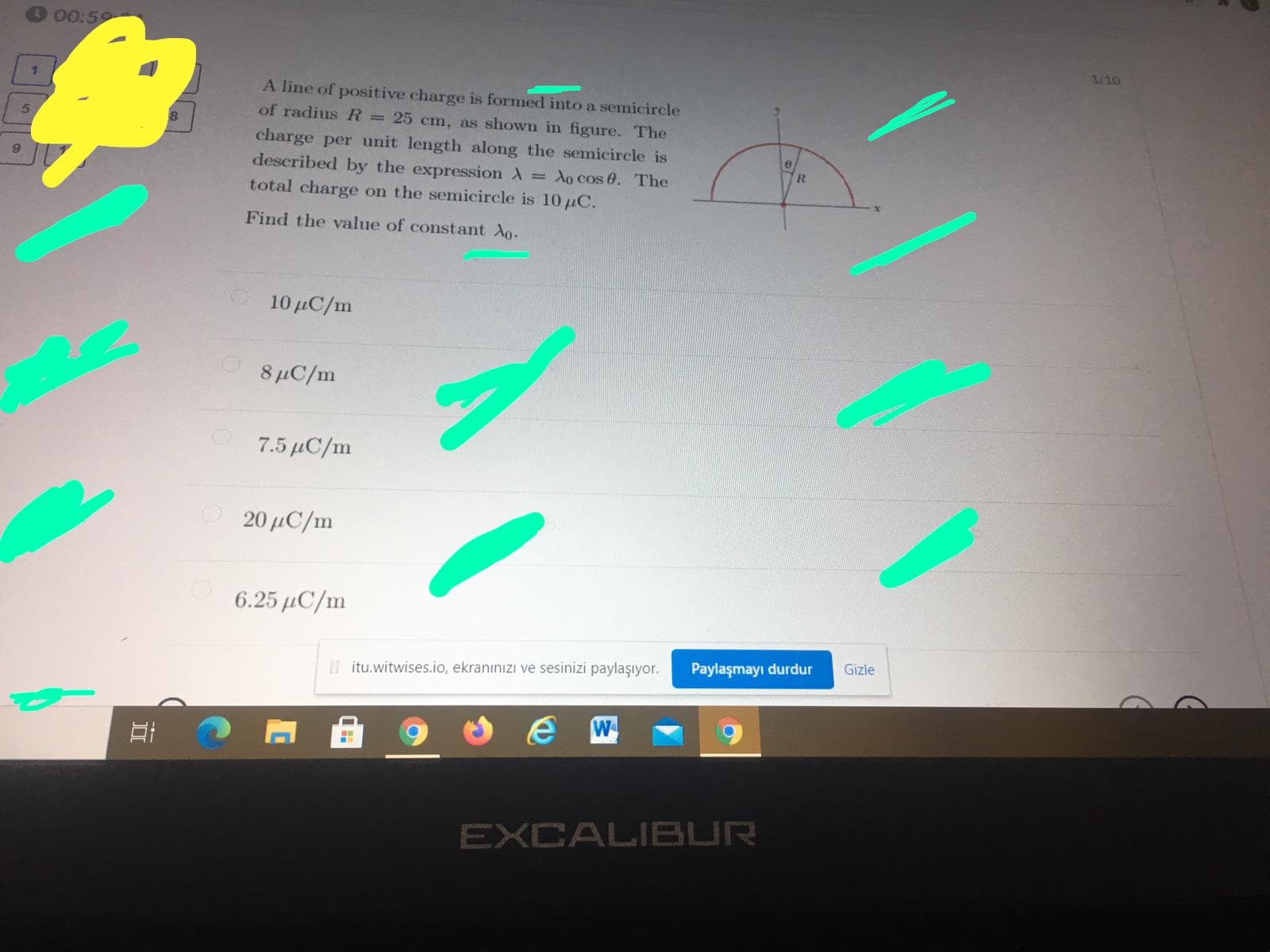 A line of positive charge is formed into a semicircle
of radius R = 25 cm, as shown in figure. The
charge per unit length along the semicircle is
described by the expression A = Ao cos 0. The
total charge on the semicircle is 10 uC.
R.
Find the value of constant Ao.
