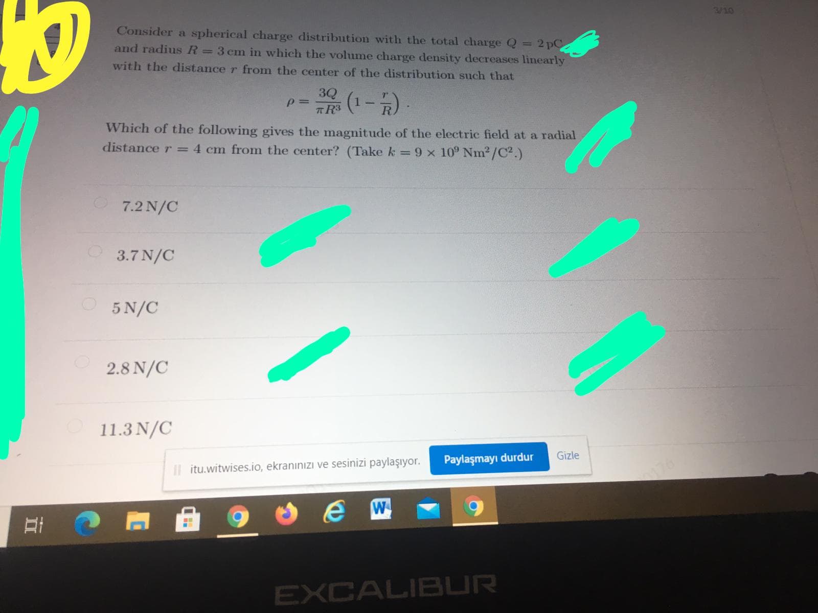 3 cm in which the volume charge density decreases linearly
with the distance r from the center of the distribution such that
3Q
%3D
元(1-)
TR3
Which of the following gives the magnitude of the electric field at a radial
distance r = 4 cm from the center?
(Take k = 9 x 10° Nm2/C2.)
