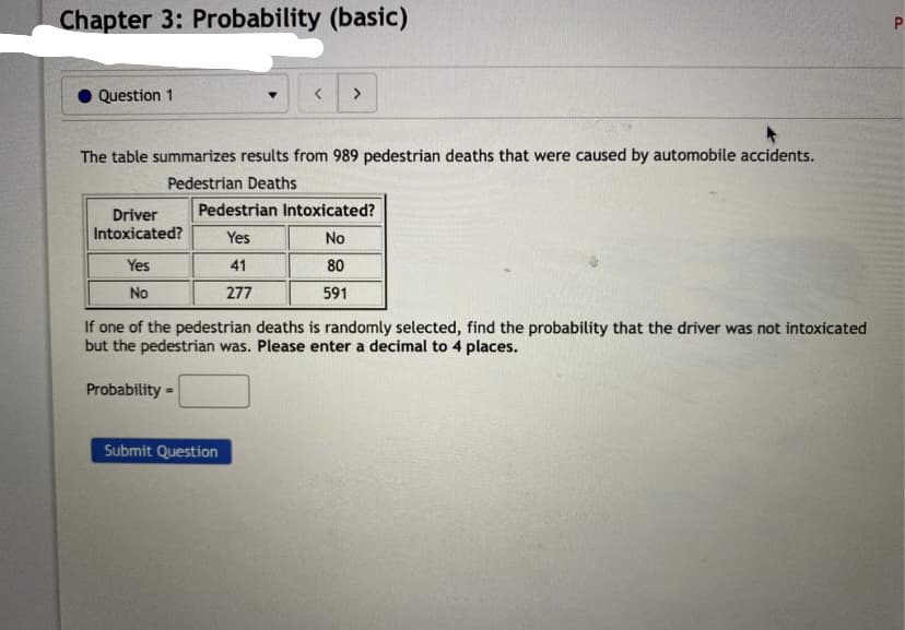 Chapter 3: Probability (basic)
Question 1
The table summarizes results from 989 pedestrian deaths that were caused by automobile accidents.
Pedestrian Deaths
Driver
Pedestrian Intoxicated?
Intoxicated?
Yes
No
Yes
41
80
No
277
591
If one of the pedestrian deaths is randomly selected, find the probability that the driver was not intoxicated
but the pedestrian was. Please enter a decimal to 4 places.
Probability =
Submit Question
P.

