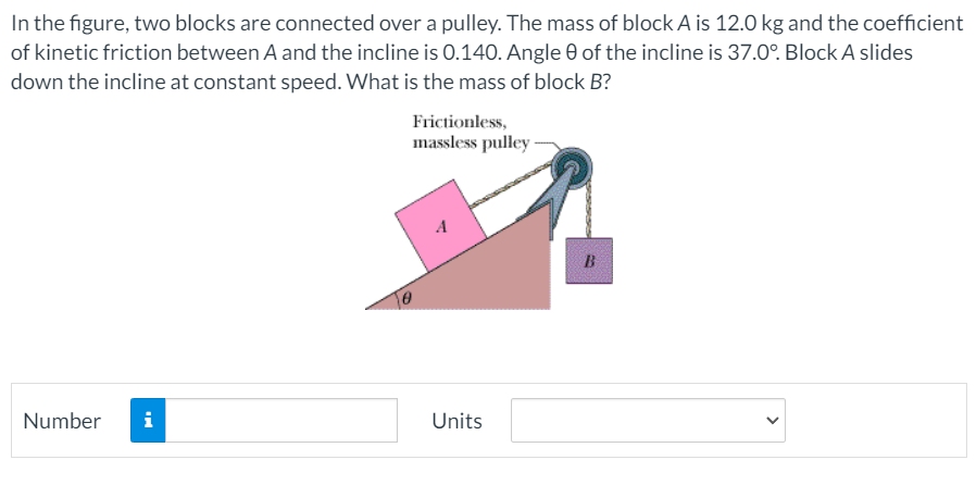 In the figure, two blocks are connected over a pulley. The mass of block A is 12.0 kg and the coefficient
of kinetic friction between A and the incline is 0.140. Angle 0 of the incline is 37.0°. Block A slides
down the incline at constant speed. What is the mass of block B?
Frictionless,
massless pulley
B
Number
i
Units
