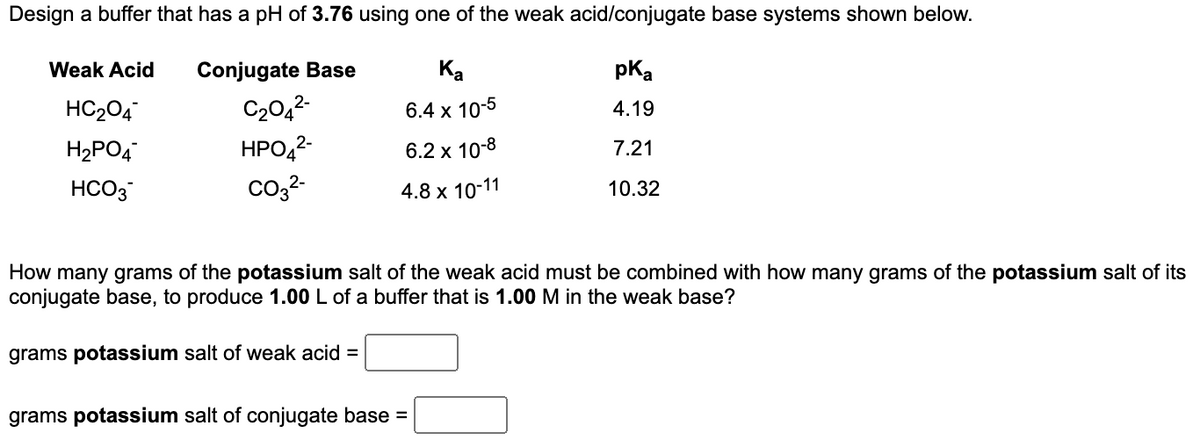 Design a buffer that has a pH of 3.76 using one of the weak acid/conjugate base systems shown below.
Weak Acid
Conjugate Base
Ka
pka
HC₂04
C₂04²-
6.4 x 10-5
4.19
H₂PO4
HPO42-
6.2 x 10-8
7.21
HCO3
CO3²-
4.8 x 10-11
10.32
How many grams of the potassium salt of the weak acid must be combined with how many grams of the potassium salt of its
conjugate base, to produce 1.00 L of a buffer that is 1.00 M in the weak base?
grams potassium salt of weak acid =
grams potassium salt of conjugate base =