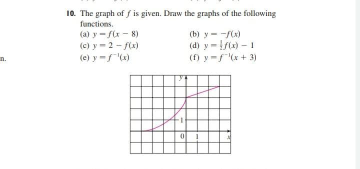 10. The graph of f is given. Draw the graphs of the following
functions.
(b) y = -f(x)
(d) y =f(x) – 1
(f) y = f(x + 3)
(a) y = f(x – 8)
(c) y = 2 - f(x)
(e) y =f(x)
n.
1
