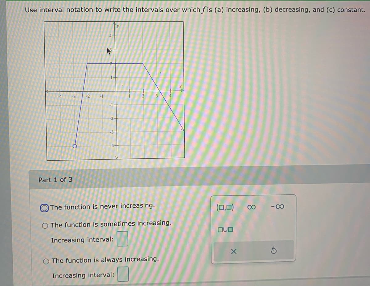 Use interval notation to write the intervals over which f is (a) increasing, (b) decreasing, and (c) constant.
4-
-4
-2
-1
2
Part 1 of 3
O The function is never increasing.
(0,0)
- 00
00
O The function is sometimes increasing.
OUO
Increasing interval:
O The function is always increasing.
Increasing interval:
