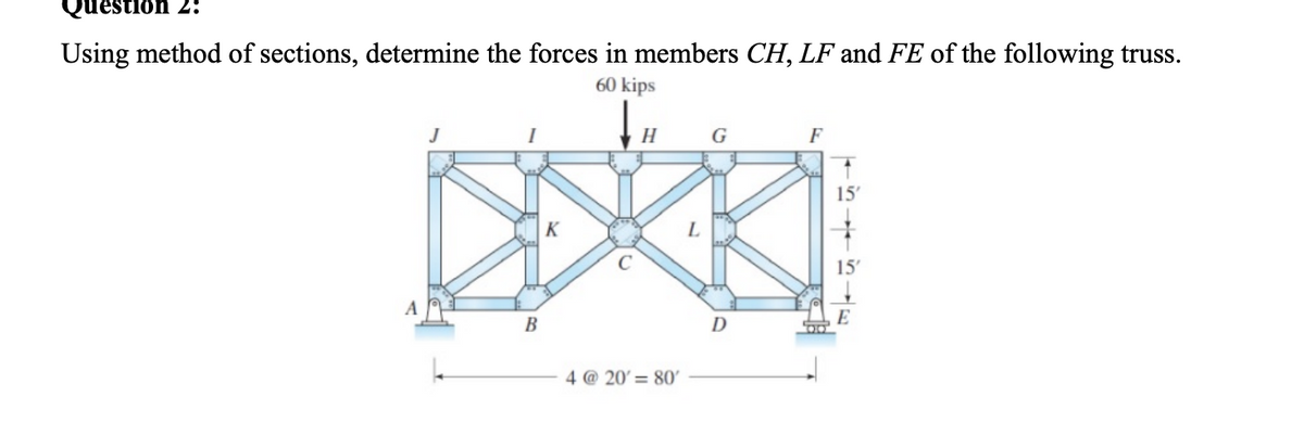 estion 2:
Using method of sections, determine the forces in members CH, LF and FE of the following truss.
60 kips
J
H
G
F
15'
C
15'
В
D
E
4 @ 20' = 80'
