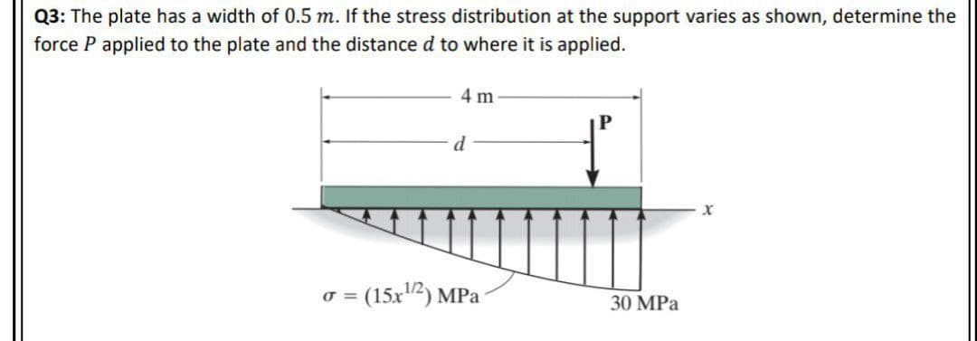 Q3: The plate has a width of 0.5 m. If the stress distribution at the support varies as shown, determine the
force P applied to the plate and the distance d to where it is applied.
4 m
IP
d
o = (15x2) MPa
30 MPa
