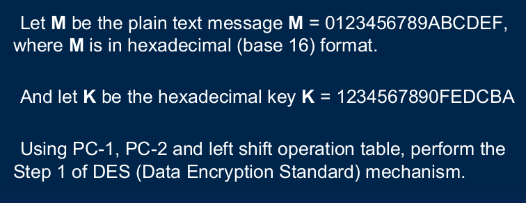 Let M be the plain text message M = 0123456789ABCDEF,
where M is in hexadecimal (base 16) format.
And let K be the hexadecimal key K = 1234567890FEDCBA
Using PC-1, PC-2 and left shift operation table, perform the
Step 1 of DES (Data Encryption Standard) mechanism.
