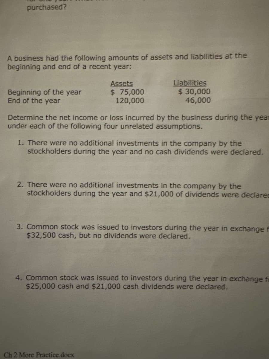 purchased?
A business had the following amounts of assets and liabilities at the
beginning and end of a recent year:
Beginning of the year
End of the year
Assets
$ 75,000
120,000
Liabilities
$ 30,000
46,000
Determine the net income or loss incurred by the business during the year
under each of the following four unrelated assumptions.
1. There were no additional investments in the company by the
stockholders during the year and no cash dividends were declared.
2. There were no additional investments in the company by the
stockholders during the year and $21,000 of dividends were declared
3. Common stock was issued to investors during the year in exchange f
$32,500 cash, but no dividends were declared.
Ch 2 More Practice.docx
4. Common stock was issued to investors during the year in exchange fe
$25,000 cash and $21,000 cash dividends were declared.