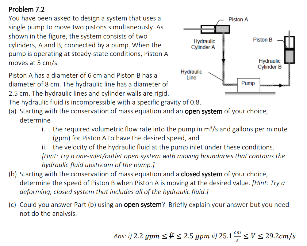 Problem 7.2
You have been asked to design a system that uses a
single pump to move two pistons simultaneously. As
shown in the figure, the system consists of two
cylinders, A and B, connected by a pump. When the
pump is operating at steady-state conditions, Piston A
moves at 5 cm/s.
Hydraulic
Cylinder A
Hydraulic
Line
Piston A
Piston B
Piston A has a diameter of 6 cm and Piston B has a
diameter of 8 cm. The hydraulic line has a diameter of
2.5 cm. The hydraulic lines and cylinder walls are rigid.
The hydraulic fluid is incompressible with a specific gravity of 0.8.
(a) Starting with the conservation of mass equation and an open system of your choice,
determine
Hydraulic
Cylinder B
Pump
i. the required volumetric flow rate into the pump in m³/s and gallons per minute
(gpm) for Piston A to have the desired speed, and
ii. the velocity of the hydraulic fluid at the pump inlet under these conditions.
[Hint: Try a one-inlet/outlet open system with moving boundaries that contains the
hydraulic fluid upstream of the pump.]
cm
(b) Starting with the conservation of mass equation and a closed system of your choice,
determine the speed of Piston B when Piston A is moving at the desired value. [Hint: Try a
deforming, closed system that includes all of the hydraulic fluid.]
(c) Could you answer Part (b) using an open system? Briefly explain your answer but you need
not do the analysis.
Ans: i) 2.2 gpm ≤ ≤ 2.5 gpm ii) 25.1 ≤V ≤ 29.2cm/s