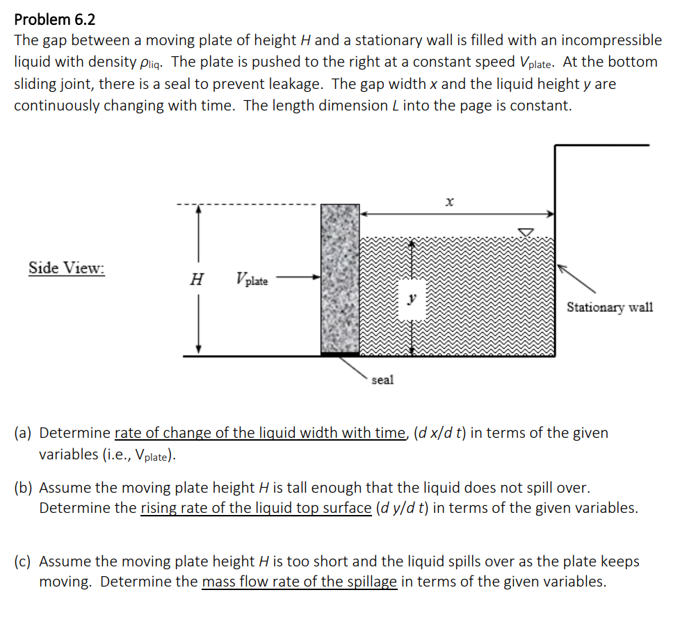 Problem 6.2
The gap between a moving plate of height H and a stationary wall is filled with an incompressible
liquid with density pliq. The plate is pushed to the right at a constant speed Vplate. At the bottom
sliding joint, there is a seal to prevent leakage. The gap width x and the liquid height y are
continuously changing with time. The length dimension L into the page is constant.
Side View:
H
V plate
seal
X
Stationary wall
(a) Determine rate of change of the liquid width with time, (d x/d t) in terms of the given
variables (i.e., Vplate).
(b) Assume the moving plate height H is tall enough that the liquid does not spill over.
Determine the rising rate of the liquid top surface (d y/d t) in terms of the given variables.
(c) Assume the moving plate height H is too short and the liquid spills over as the plate keeps
moving. Determine the mass flow rate of the spillage in terms of the given variables.