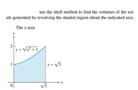 use the shell method to find the volumes of the sol-
ids generated by revolving the shaded region about the indicated axis.
The y-axis
2
y = V?+1
x= V3

