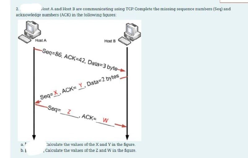 2.
Host A and Host B are communicating using TCP Complete the missing sequence numbers (Seq) and
acknowledge numbers (ACK) in the following figures:
Host A
Host B
-Seq=86, ACK=D42, Data=3 byte-
Seq= X, ACK= Y, Data=2 bytes
-Seq= Z
ACK= W
Calculate the values of the X and Y in the figure.
Calculate the values of the Z and W in the figure.
a.
b.
