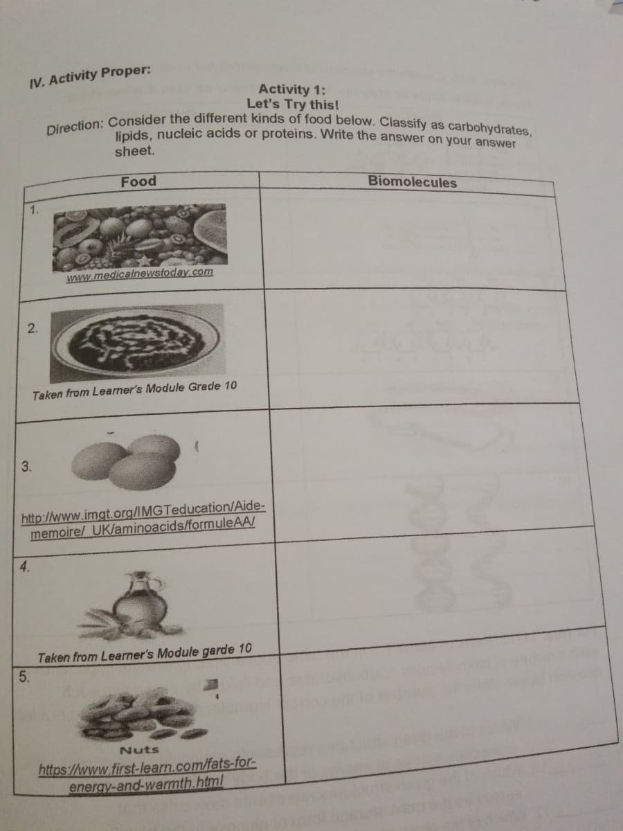 Direction: Consider the different kinds of food below. Classify as carbohydrates,
IV. Activity Proper:
Activity 1:
Let's Try this!
lipids, nucleic acids or proteins. Write the answer on your answer
sheet.
Food
Biomolecules
www.medicalnewstoday.com
Taken from Learner's Module Grade 10
3.
http://www.imgt.org/IMGTeducation/Aide-
memoire/ UK/aminoacids/formuleAA/
4.
Taken from Learner's Module garde 10
5.
Nuts
https://www.first-learn.com/fats-for-
energy-and-warmth.html
10000
2.
