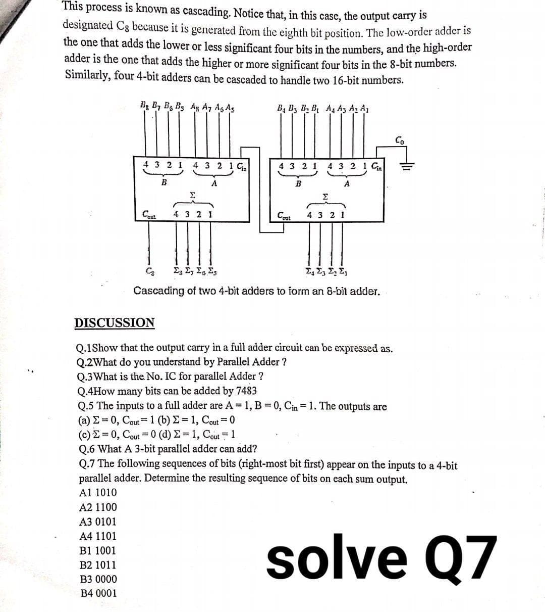 This process is known as cascading. Notice that, in this case, the output carry is
designated Cg because it is generated from the eighth bit position. The low-order adder is
the one that adds the lower or less significant four bits in the numbers, and the high-order
adder is the one that adds the higher or more significant four bits in the 8-bit numbers.
Similarly, four 4-bit adders can be cascaded to handle two 16-bit numbers.
Bg B, B3 B3 Ag A, Ag As
B, B, B, B A A3 A, A
Co
4 3 2 1 4 3 2 1 G
4 3 2
4 3 2 1 Cn
B
A
Cqut
4 3 2
Cat
4 3 2 1
E E, Eg Es
Σ, Σ Σ. Σ
Cascading of two 4-bit adders to form an 8-bit adder.
DISCUSSION
Q.1Show that the output carry in a full adder circuit can be expressed as.
Q.2What do you understand by Parallel Adder ?
Q.3What is the. No. IC for parallel Adder ?
Q.4How many bits can be added by 7483
Q.5 The inputs to a full adder are A 1, B 0, Cin = 1. The outputs are
( a) Σ-0, Cou1 (b) Σ = 1, Cou-0
(C)Σ-0, Cou-0 (d) Σ-1, Cout 1
Q.6 What A 3-bit parallel adder can add?
Q.7 The following sequences of bits (right-most bit first) appear on the inputs to a 4-bit
parallel adder. Determine the resulting sequence of bits on each sum output.
Al 1010
A2 1100
A3 0101
solve Q7
A4 1101
B1 1001
B2 1011
B3 0000
B4 0001
