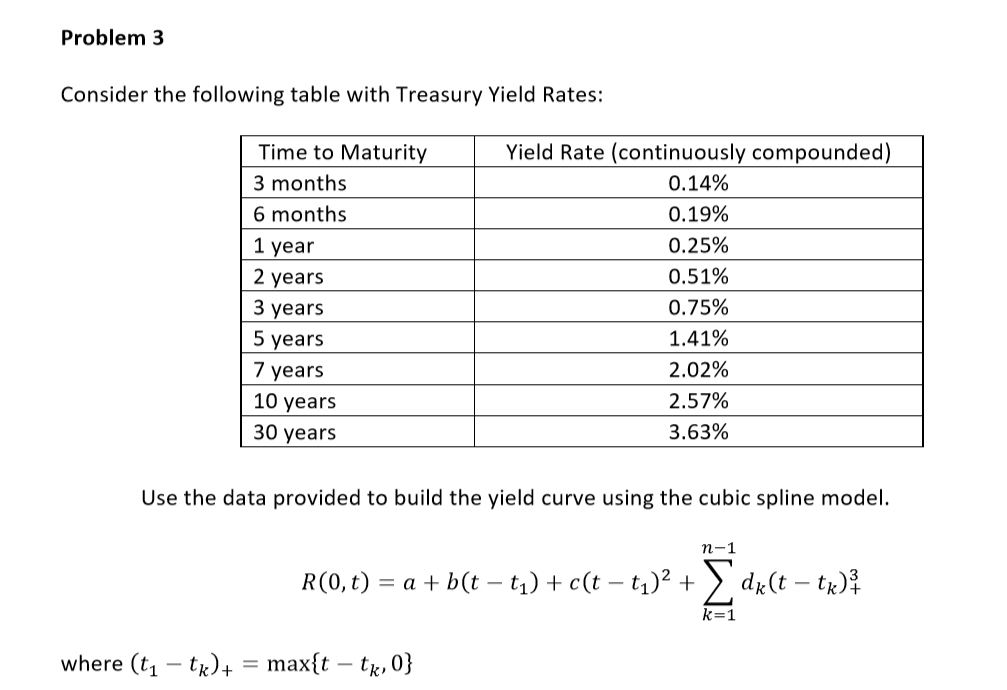 Problem 3
Consider the following table with Treasury Yield Rates:
Time to Maturity
Yield Rate (continuously compounded)
3 months
0.14%
6 months
0.19%
1 year
2 years
0.25%
0.51%
3 years
0.75%
5 years
7 years
10 years
1.41%
2.02%
2.57%
30 years
3.63%
Use the data provided to build the yield curve using the cubic spline model.
п-1
R(0, t) = a + b(t – t,) + c(t – t,)² +
dr(t – tx)?
where (t, – tx)+ = max{t – tg, 0}
