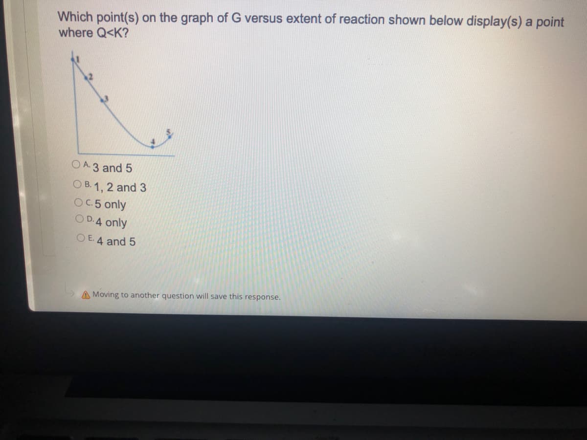 Which point(s) on the graph of G versus extent of reaction shown below display(s) a point
where Q<K?
OA.3 and 5
OB. 1, 2 and 3
OC.5 only
OD.4 only
OE. 4 and 5
A Moving to another question will save this response.