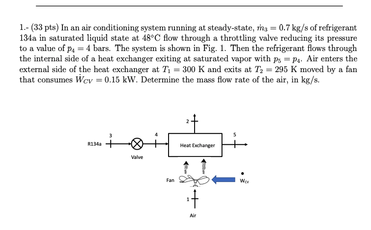 1.- (33 pts) In an air conditioning system running at steady-state, m3 = 0.7 kg/s of refrigerant
134a in saturated liquid state at 48°C flow through a throttling valve reducing its pressure
to a value of p4 = 4 bars. The system is shown in Fig. 1. Then the refrigerant flows through
the internal side of a heat exchanger exiting at saturated vapor with p; = P4. Air enters the
external side of the heat exchanger at T1 = 300 K and exits at T2 = 295 K moved by a fan
that consumes Wcv = 0.15 kW. Determine the mass flow rate of the air, in kg/s.
3
5.
R134a +
Heat Exchanger
Valve
Fan
Air
