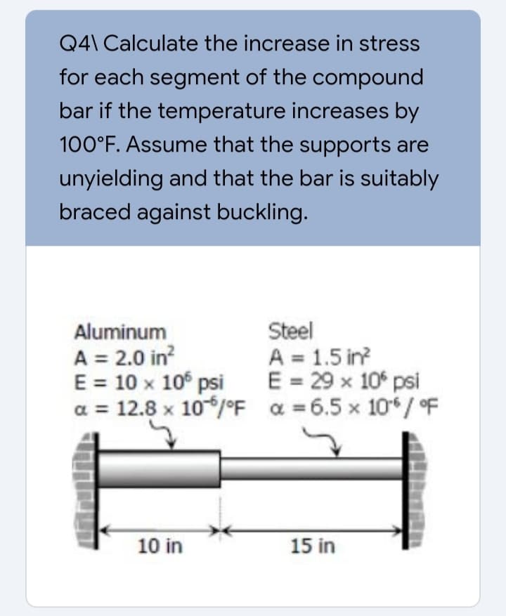 Q4\ Calculate the increase in stress
for each segment of the compound
bar if the temperature increases by
100°F. Assume that the supports are
unyielding and that the bar is suitably
braced against buckling.
Aluminum
A = 2.0 in?
E = 10 x 10° psi
a = 12.8 x 10/°F a = 6.5 x 10*/ F
Steel
A = 1.5 in?
E = 29 x 10 psi
10 in
15 in
