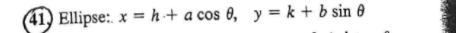 41, Ellipse:. x = h + a cos 0, y = k + b sin 0

