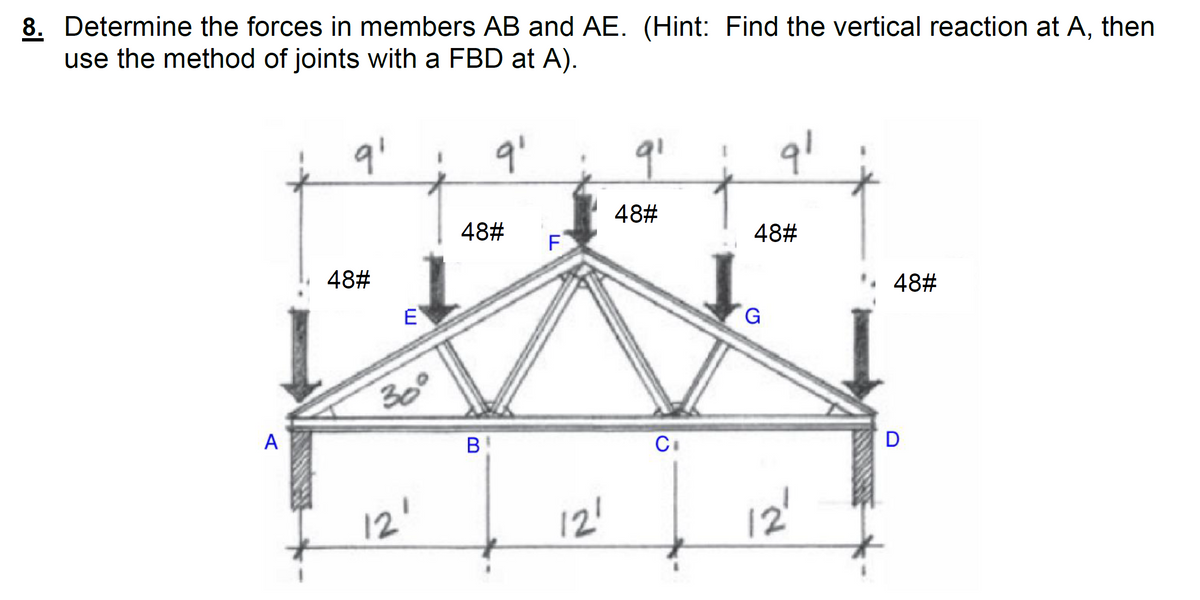 8. Determine the forces in members AB and AE. (Hint: Find the vertical reaction at A, then
use the method of joints with a FBD at A).
48#
48#
48#
48#
E
48#
G.
30
A
C
12'
12'
12'
