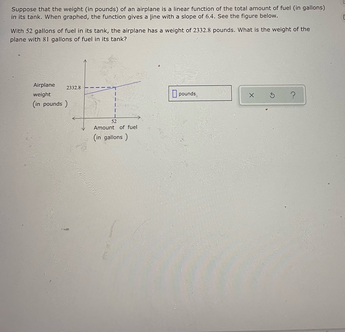 Suppose that the weight (in pounds) of an airplane is a linear function of the total amount of fuel (in gallons)
in its tank. When graphed, the function gives a line with a slope of 6.4. See the figure below.
With 52 gallons of fuel in its tank, the airplane has a weight of 2332.8 pounds. What is the weight of the
plane with 81 gallons of fuel in its tank?
Airplane
2332.8
weight
pounds
(in pounds )
52
Amount of fuel
(in gallons )
