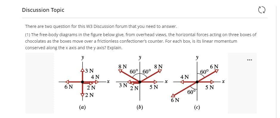 Discussion Topic
There are two question for this W3 Discussion forum that you need to answer.
(1) The free-body diagrams in the figure below give, from overhead views, the horizontal forces acting on three boxes of
chocolates as the boxes move over a frictionless confectioner's counter. For each box, is its linear momentum
conserved along the x axis and they axis? Explain.
У
6 N
3 N
4 N
(a)
2 N
2 N
-X
8 N
3 N
y
60°
2 N
60°
(6)
8 N
5 N
6 N
4N
y
60°
60⁰
(c)
6 N
5 N
X