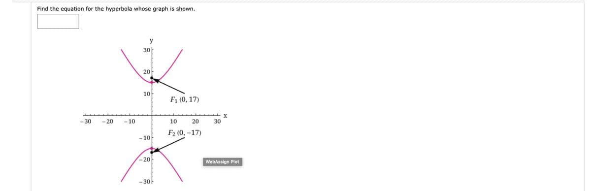 Find the equation for the hyperbola whose graph is shown.
y
30-
20
10
F1 (0, 17)
-30
- 20
-10
10
20
30
F2 (0, –17)
- 10
-20
WebAssign Plot
- 30
