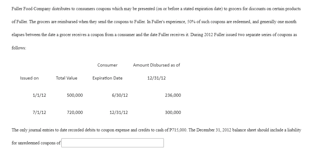 Fuller Food Company distributes to consumers coupons which may be presented (on or before a stated expiration date) to grocers for discounts on certain products
of Fuller. The grocers are reimbursed when they send the coupons to Fuller. In Fuller's experience, 50% of such coupons are redeemed, and generally one month
elapses between the date a grocer receives a coupon from a consumer and the date Fuller receives it. During 2012 Fuller issued two separate series of coupons as
follows:
Consumer
Amount Disbursed as of
Issued on
Total Value
Expiration Date
12/31/12
1/1/12
500,000
6/30/12
236,000
7/1/12
720,000
12/31/12
300,000
The only journal entries to date recorded debits to coupon expense and credits to cash of P715,000. The December 31, 2012 balance sheet should include a liability
for unredeemed coupons of
