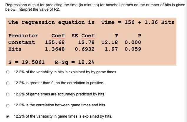 Regressionn output for predicting the time (in minutes) for baseball games on the number of hits is given
below. Interpret the value of R2.
The regression equation is Time = 156 + 1.36 Hits
Predictor
Coef
SE Coef
T
Constant
155.68
12.78 12.18 0.000
Hits
1.3648
0.6932
1.97
0.059
s = 19.5861
R-sq = 12.2%
%3D
O 12.2% of the variability in hits is explained by by game times.
O 12.2% is greater than 0, so the correlation is positive.
O 12.2% of game times are accurately predicted by hits.
O 12.2% is the correlation between game times and hits.
12.2% of the variability in game times is explained by hits.
