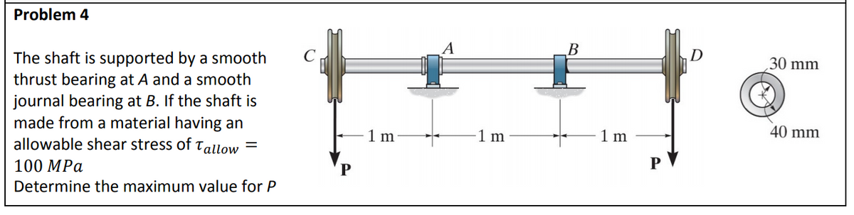 Problem 4
A
В
The shaft is supported by a smooth
thrust bearing at A and a smooth
journal bearing at B. If the shaft is
made from a material having an
allowable shear stress of Tallow
30 mm
1 m
1m
1 m
40 mm
100 MPа
P
Determine the maximum value for P
