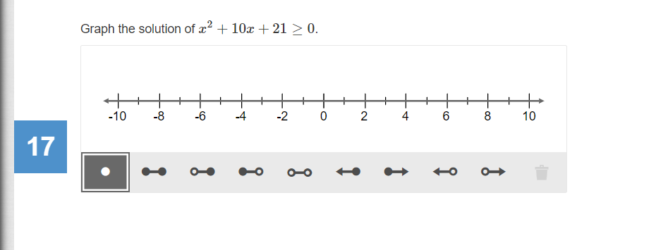 Graph the solution of æ² + 10x + 21 > 0.
-10
-8
-6
-4
-2
2
4
8
10
17
