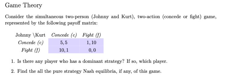 Game Theory
Consider the simultaneous two-person (Johnny and Kurt), two-action (concede or fight) game,
represented by the following payoff matrix:
Johnny \Kurt Concede (c) Fight (f)
Concede (c)
Fight (f)
5, 5
1, 10
10,1
0,0
1. Is there any player who has a dominant strategy? If so, which player.
2. Find the all the pure strategy Nash equilibria, if any, of this game.
