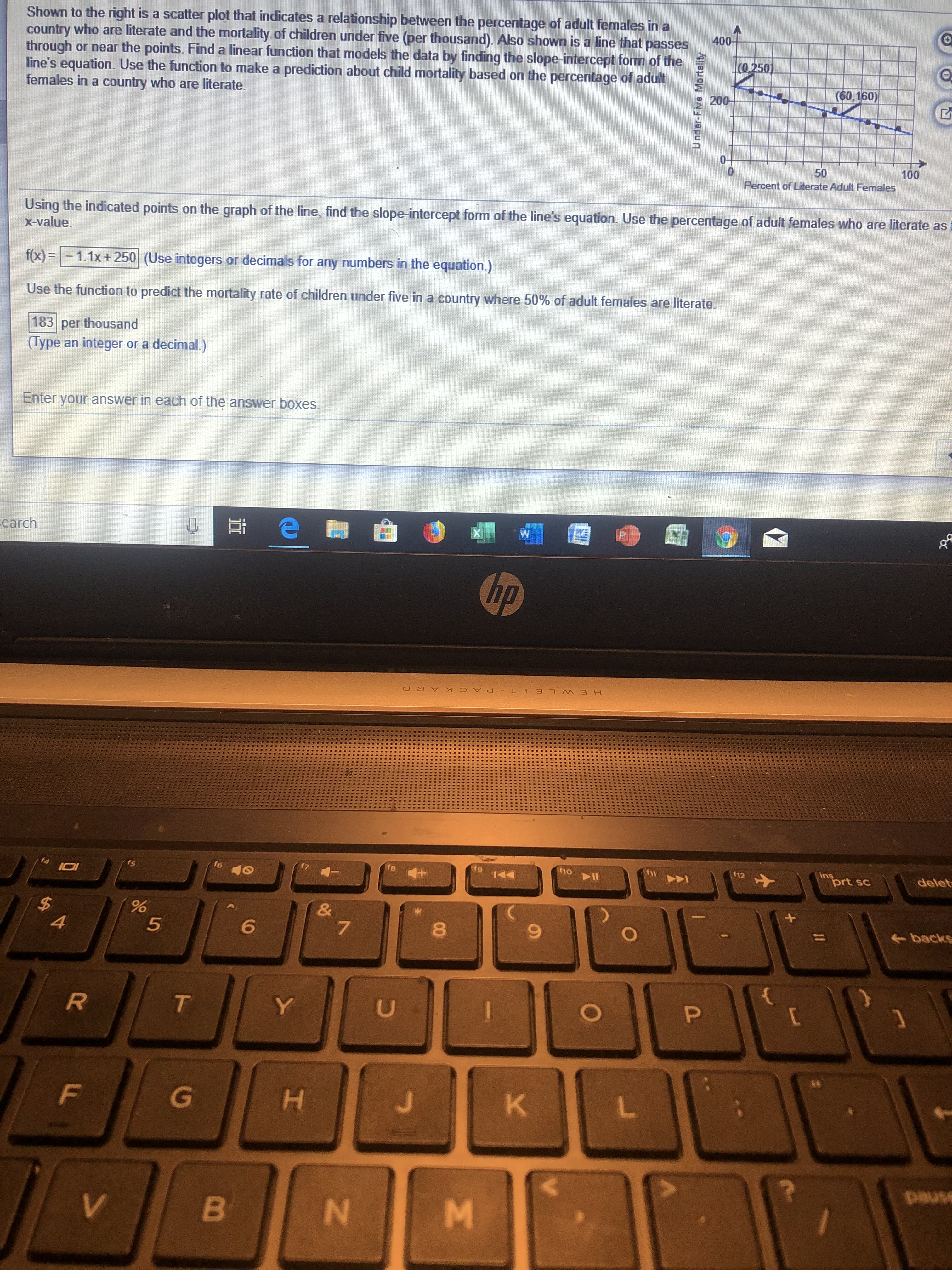 Shown to the right is a scatter plot that indicates a relationship between the percentage of adult females in a
country who are literate and the mortality of children under five (per thousand). Also shown is a line that passes
through or near the points. Find a linear function that models the data by finding the slope-intercept form of the
line's equation. Use the function to make a prediction about child mortality based on the percentage of adult
females in a country who are literate.
400-
(0250)
(60,160)
200-
0-
100
50
Percent of Literate Adult Females
Using the indicated points on the graph of the line, find the slope-intercept fom of the line's equation. Use the percentage of adult females who are literate as
x-value.
f(x)=-1.1x +250 (Use integers or decimals for any numbers in the equation.)
Use the function to predict the mortality rate of children under five in a country where 50% of adult females are literate.
183 per thousand
(Type an integer or a decimal.)
Enter your answer in each of the answer boxes.
P
Eearch
X
hp
HEWLETT PACKARD
ins
prt sc
h2
delet
f8
f6
I0I
$
4
&
7
%
5
backs
O
6
P
U
R
T
Y
L
J
K
G
F
pauss
B
N
V
E.
